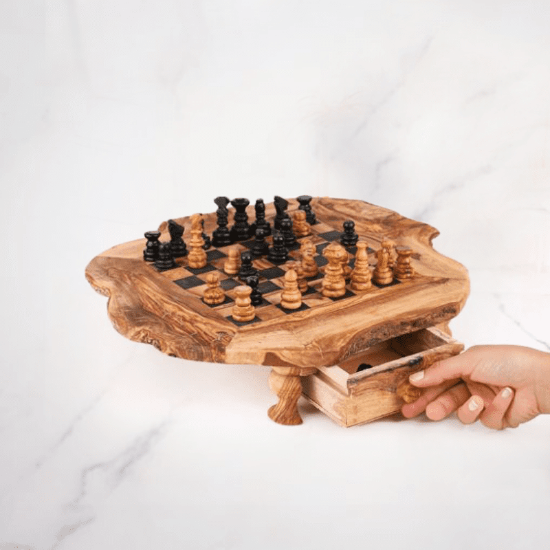 Rustic Olive Wood Chess Set with Drawer | Free Personalization