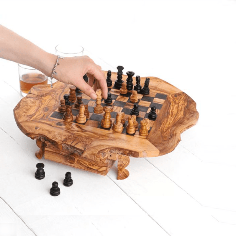 Rustic Olive Wood Chess Set with Drawer | Free Personalization