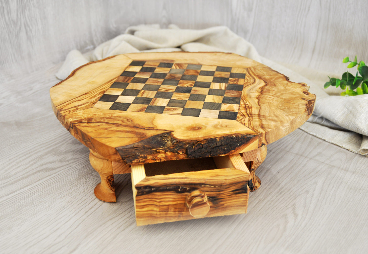 Rustic Olive Wood Chess Set with Drawer | Free Personalization