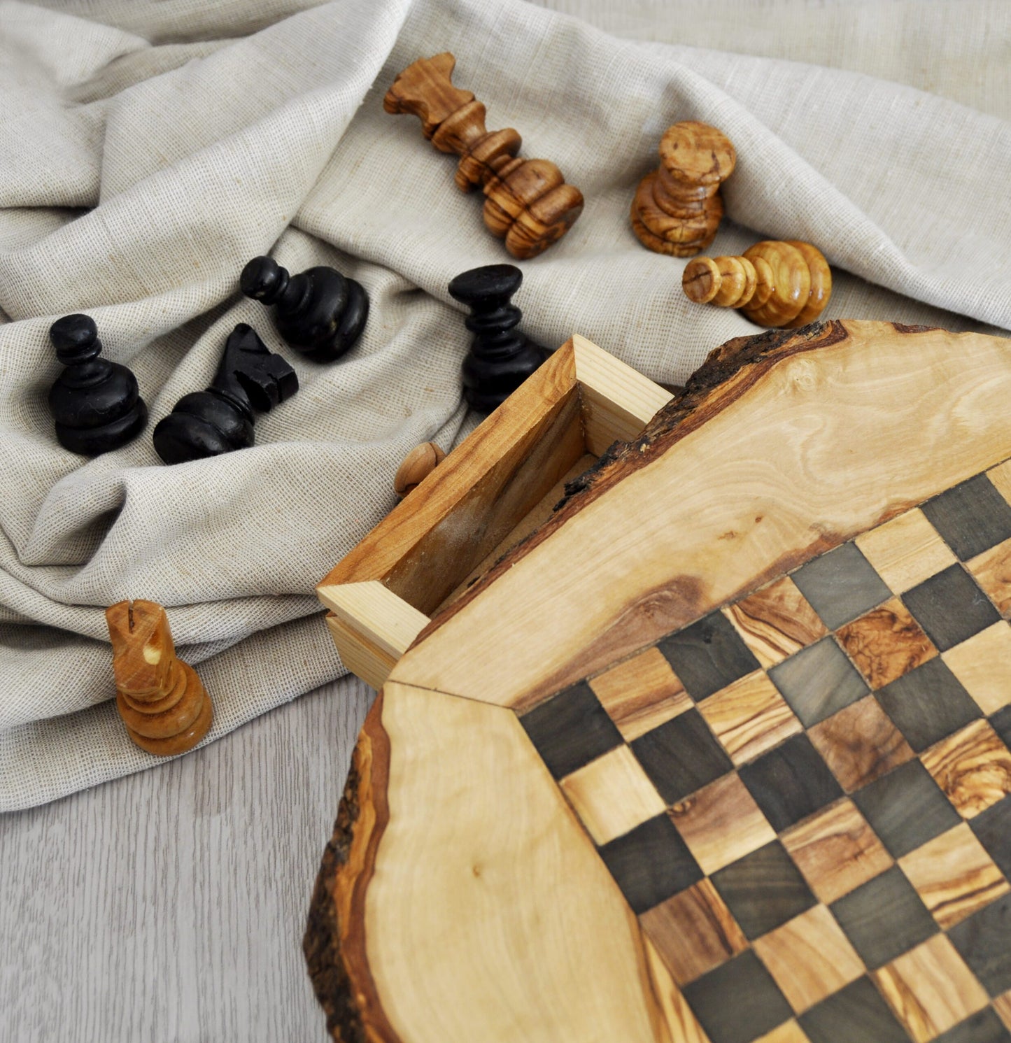 Rustic Olive Wood Chess Set with Drawer | Free Personalization