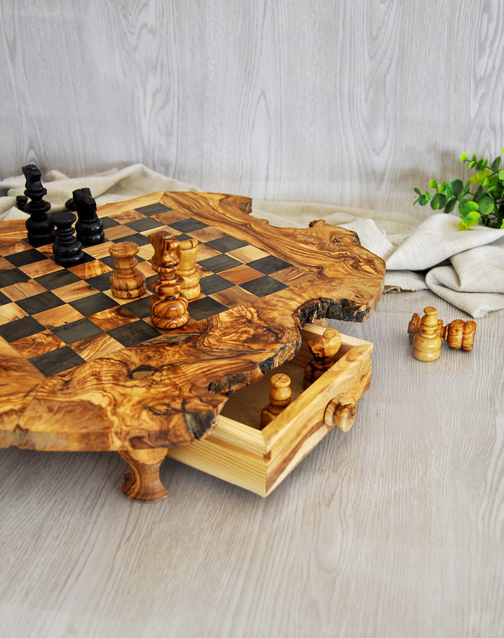 Rustic Olive Wood Chess Set with Drawer | Free Personalization