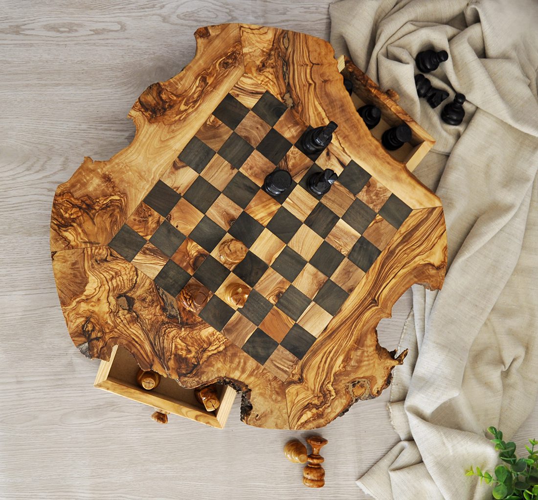 Rustic Olive Wood Chess Set with Drawer | Free Personalization