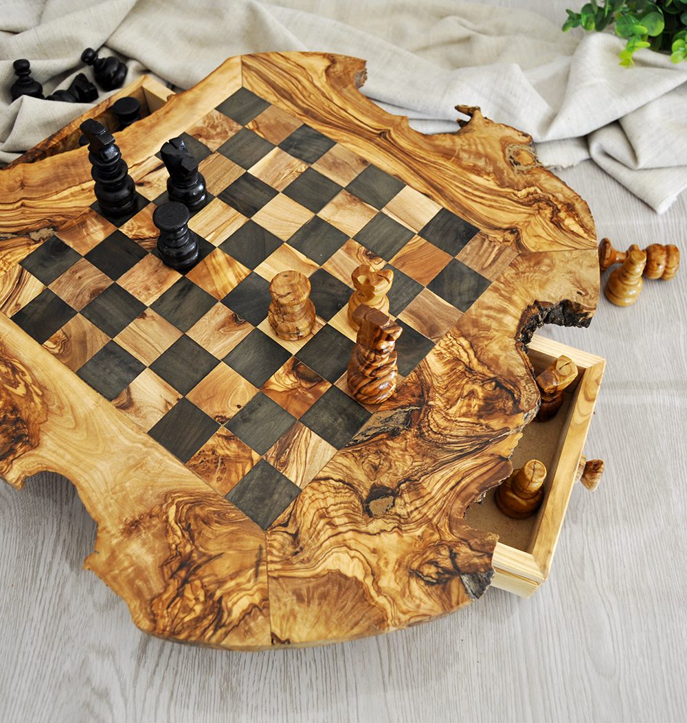 Rustic Olive Wood Chess Set with Drawer | Free Personalization