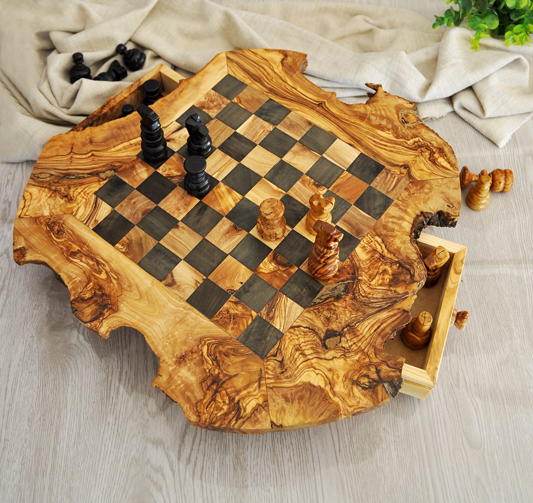 Rustic Olive Wood Chess Set with Drawer | Free Personalization