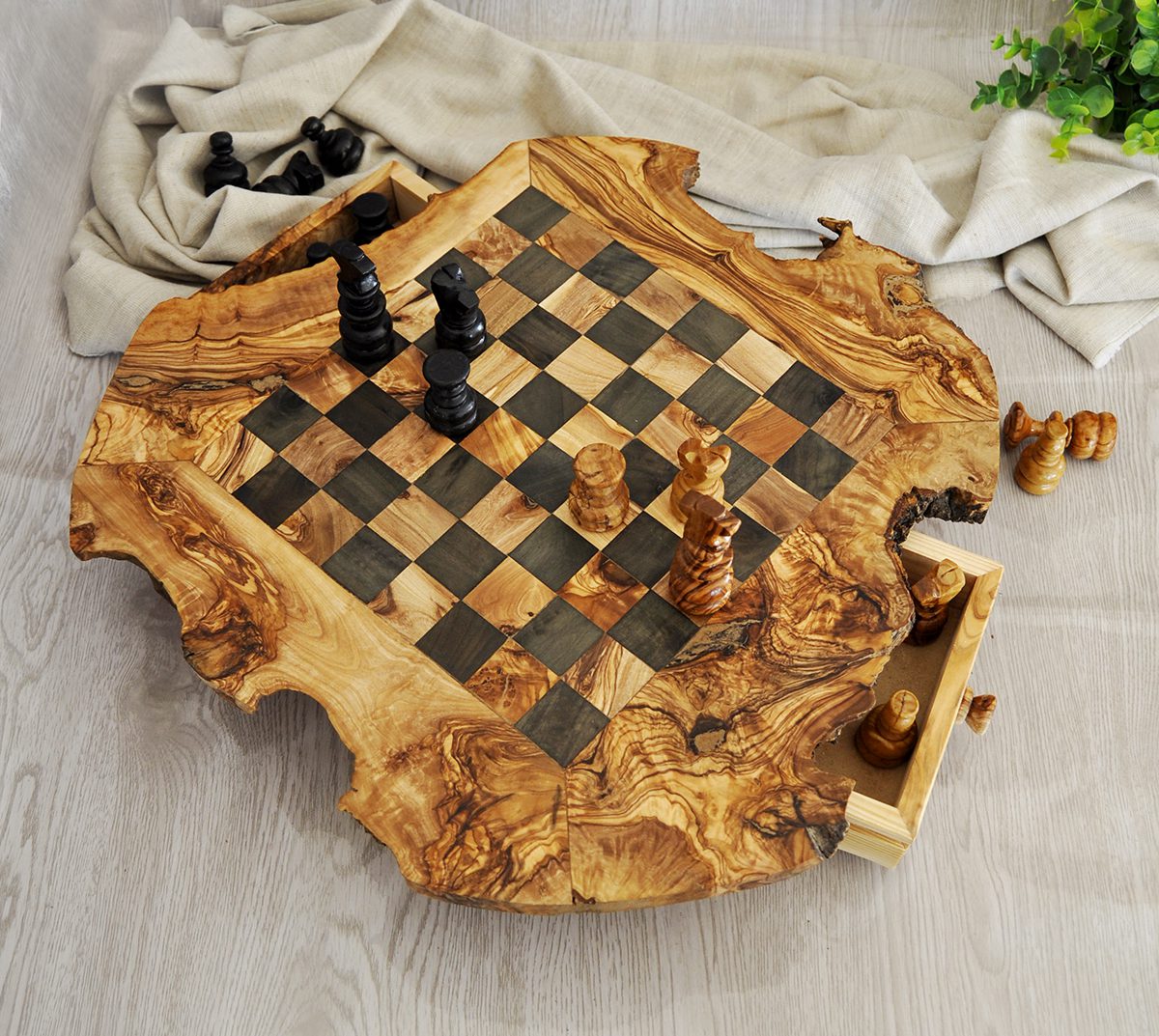 Rustic Olive Wood Chess Set with Drawer | Free Personalization