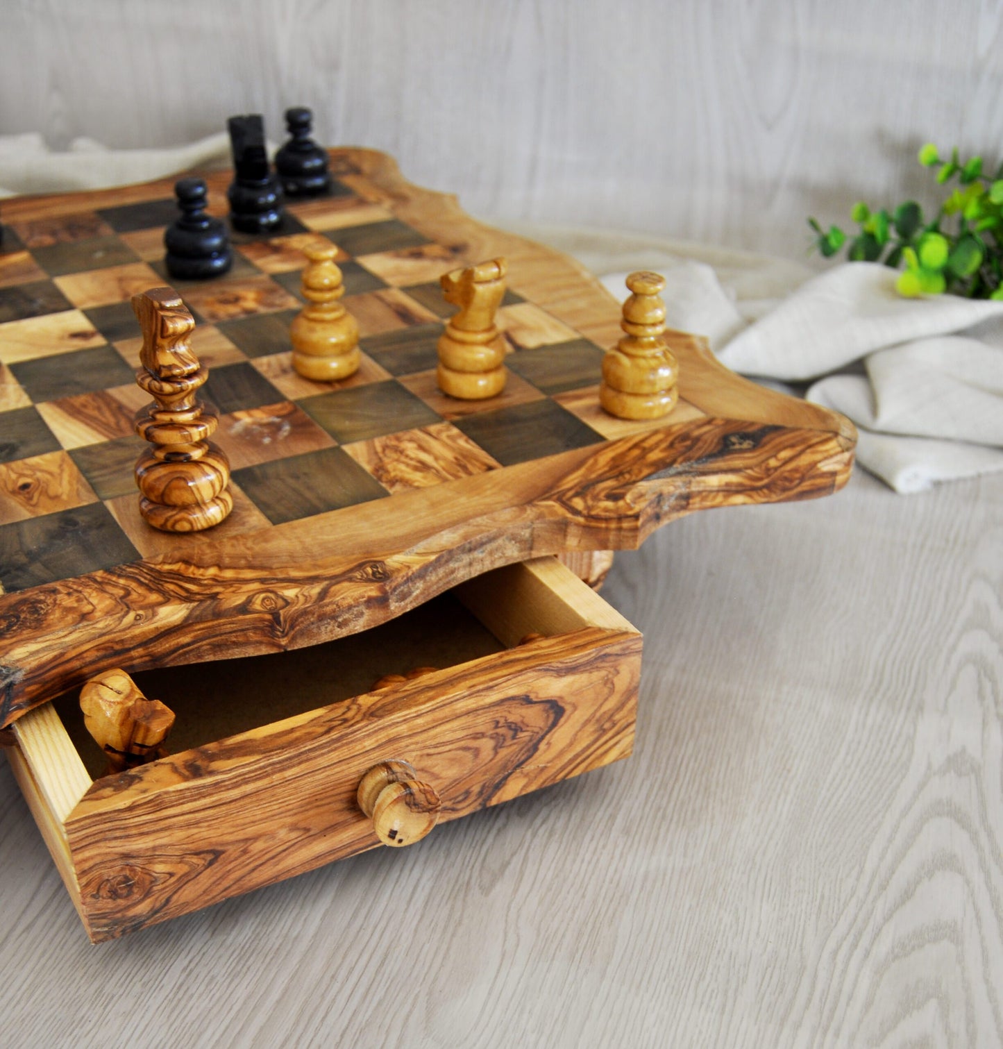 Luxury Olive Wood Chess Board Set with 32 handcrafted pieces. A perfect gift for game lovers and elegant home decor | FREE PERSONALIZATION !
