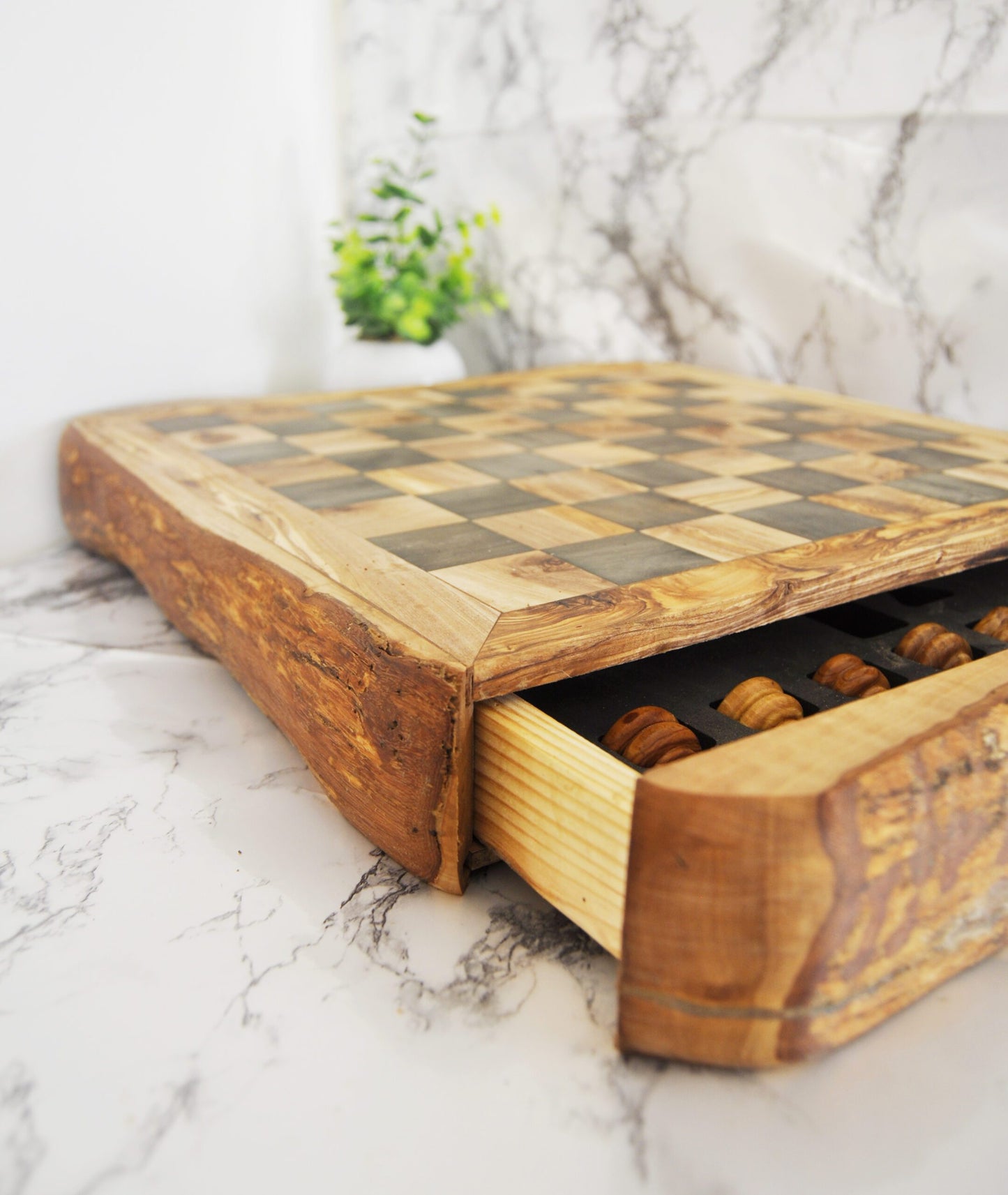 WOODEN CHESS WITH STORAGE RUSTIC