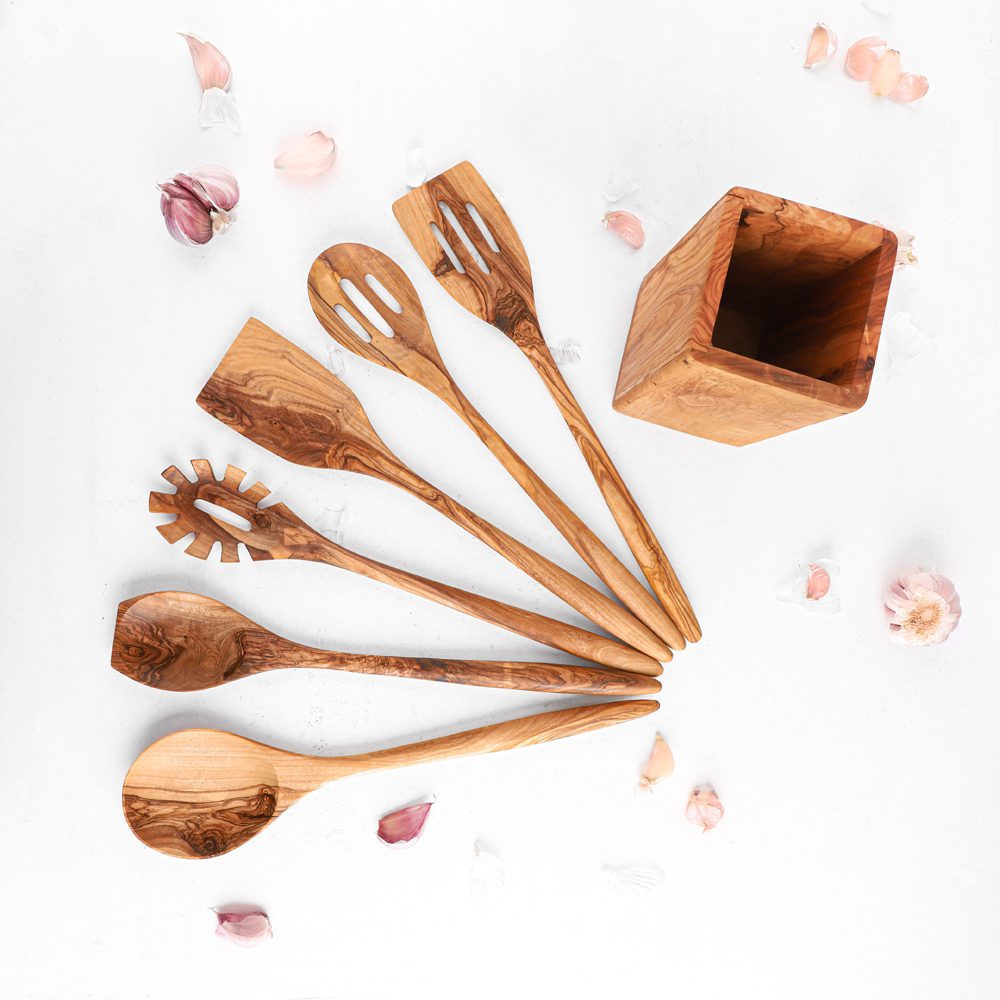 Handmade Olive Wood Utensil Set with Holder – 6 Pieces