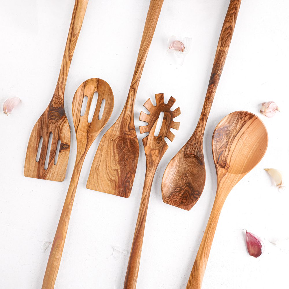 Handmade Olive Wood Utensil Set with Holder – 6 Pieces