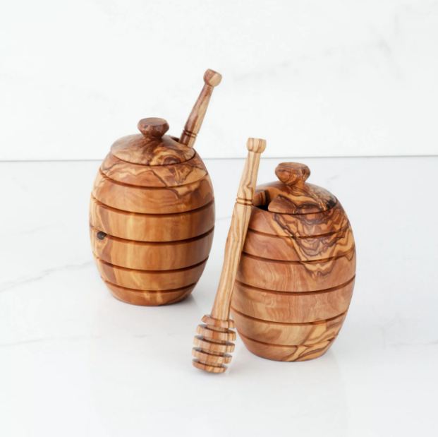 Handmade Olive Wood Honey Jar with Dipper