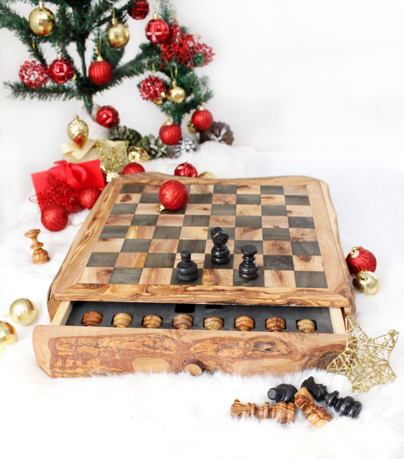 WOODEN CHESS WITH STORAGE RUSTIC