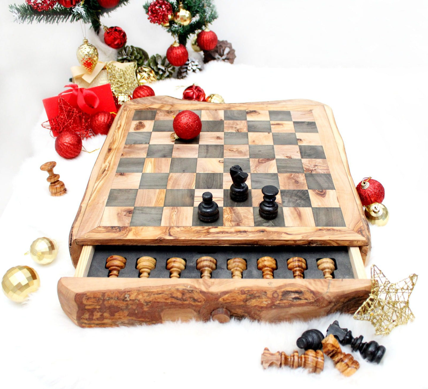 WOODEN CHESS WITH STORAGE RUSTIC