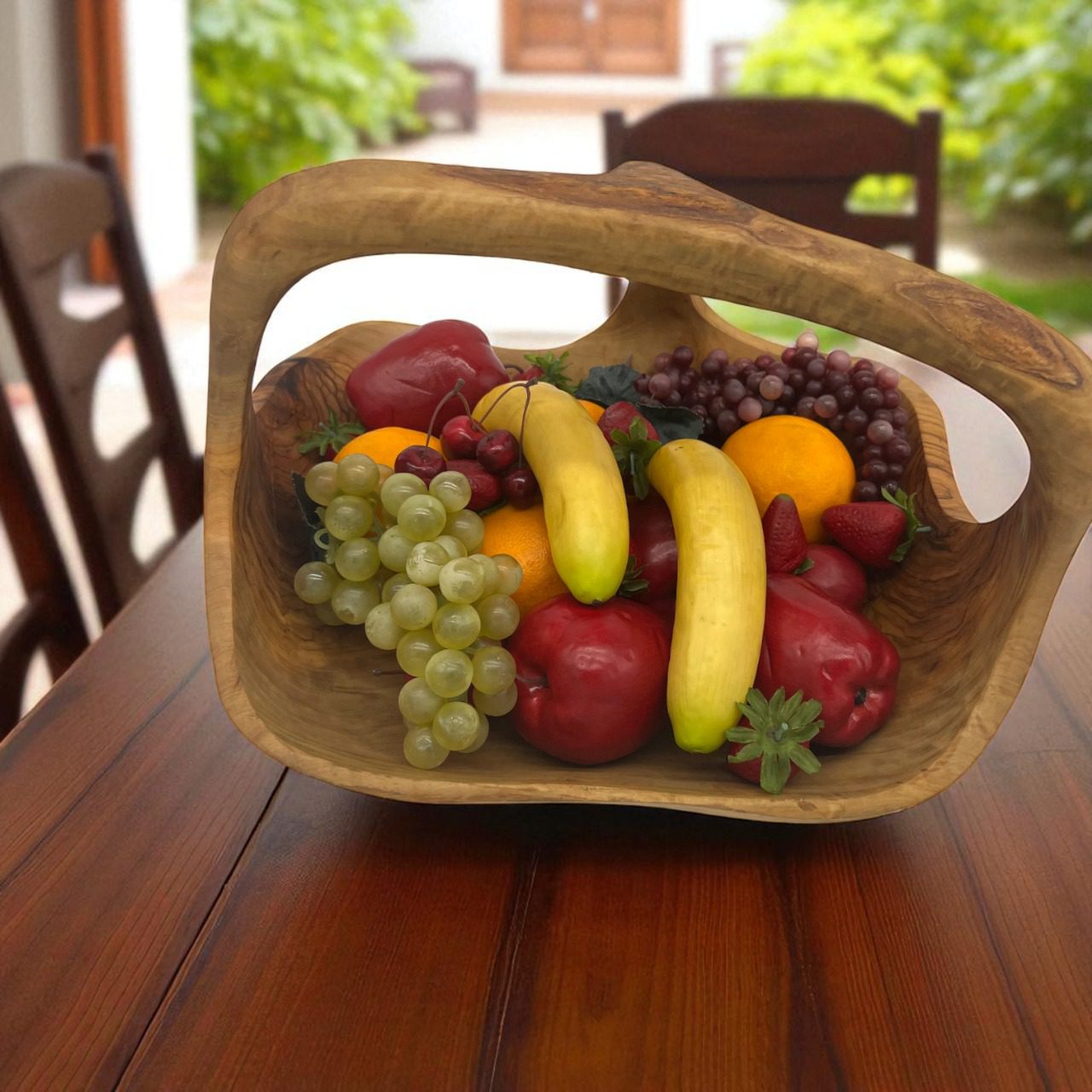 Handcrafted Rustic Olive Wood Fruit Basket with Handle