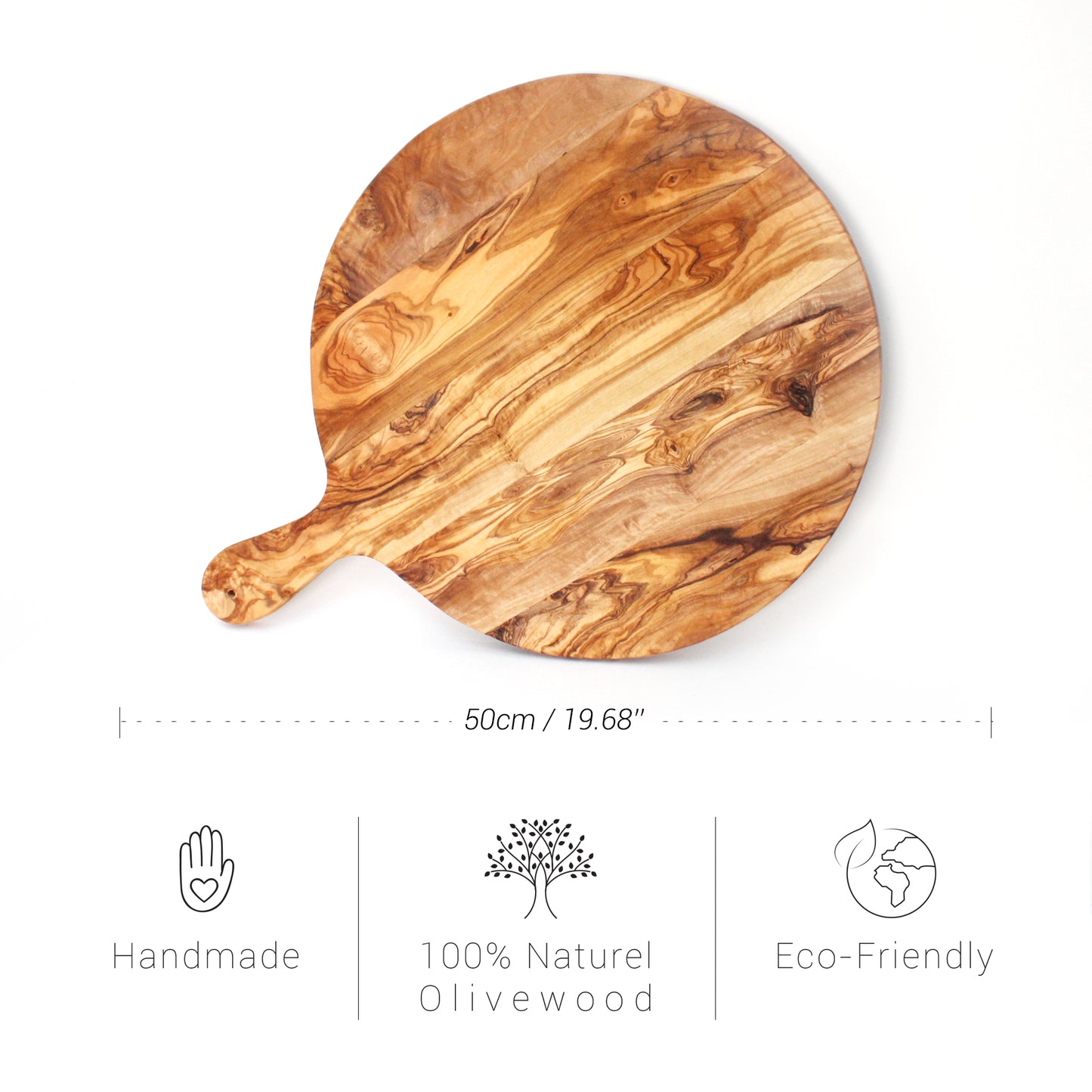 Handmade Olive Wood Round Pizza Board With Handle β 50cm (19.68β)