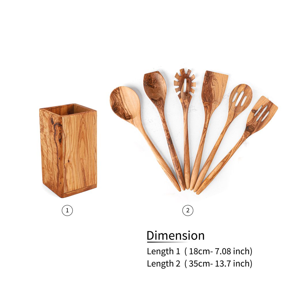 Handmade Olive Wood Utensil Set with Holder – 6 Pieces