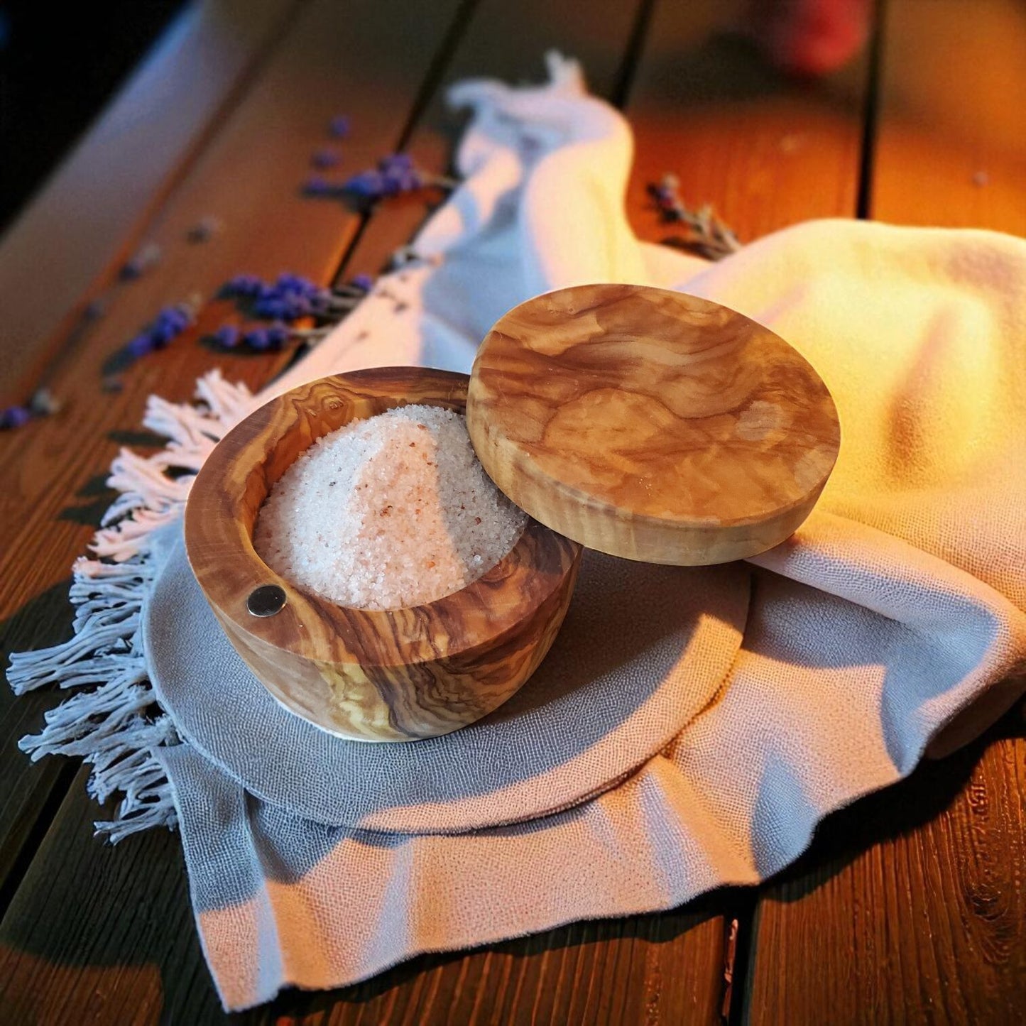 Olive Wood Salt Cellar with Magnetic Lid