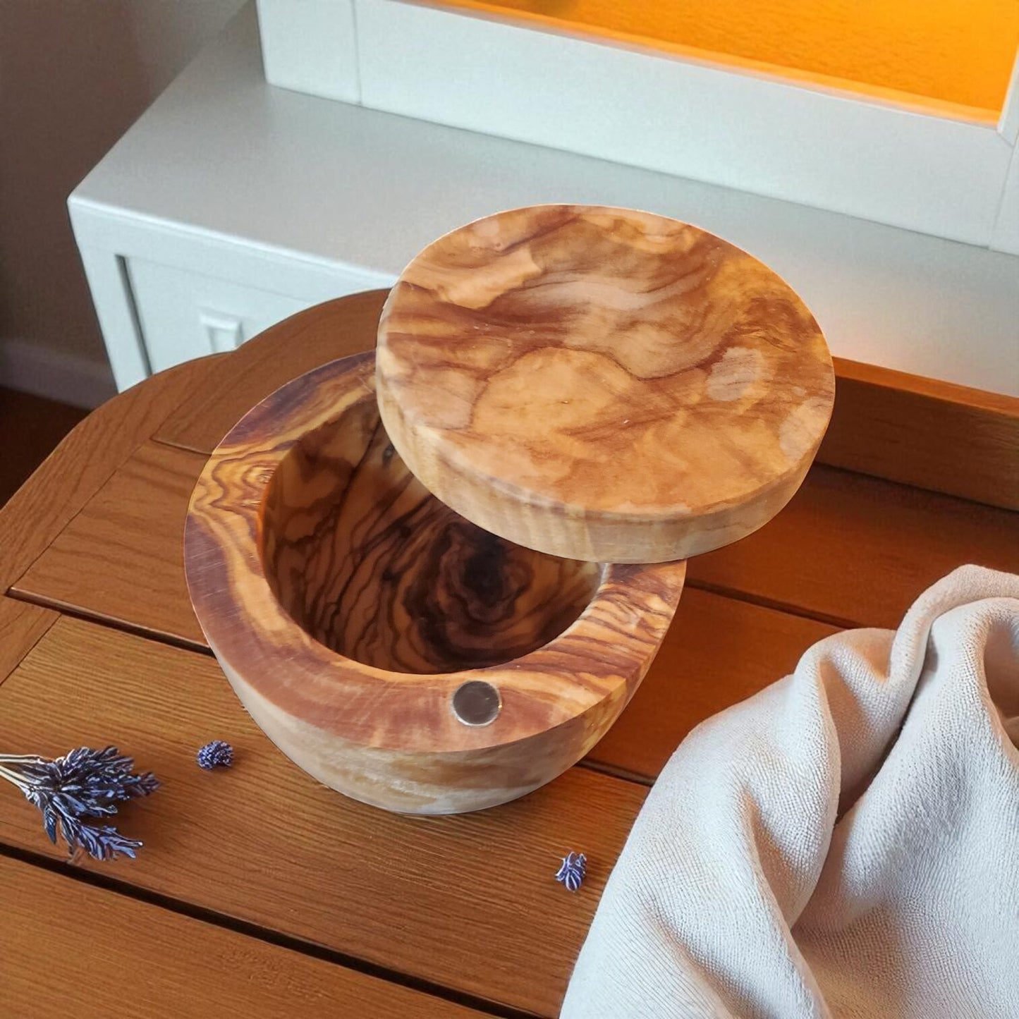 Olive Wood Salt Cellar with Magnetic Lid