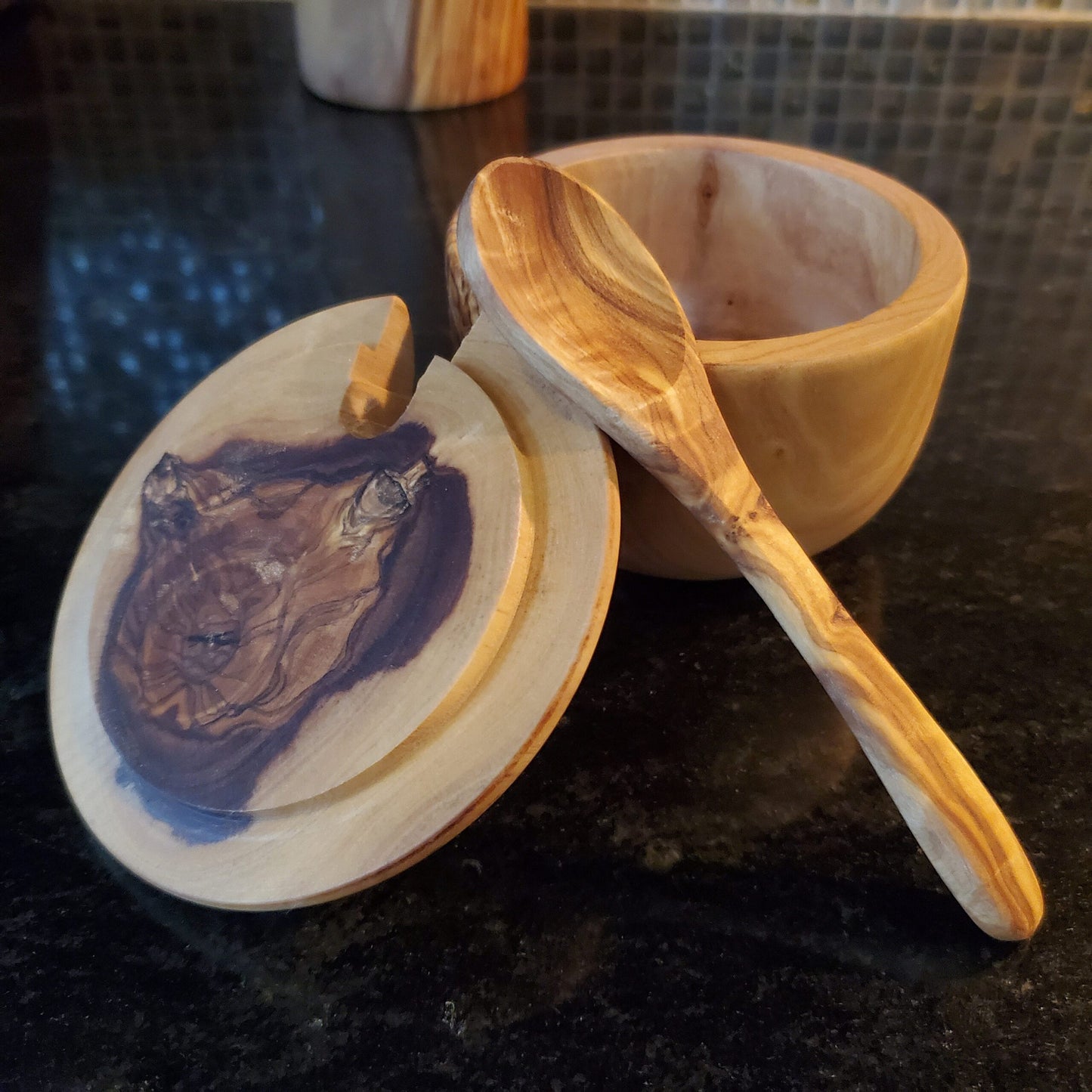 Olive Wood Sugar Pot With Coffee Spoon / Spice Container / Kitchen Storage / Coffee Keeper