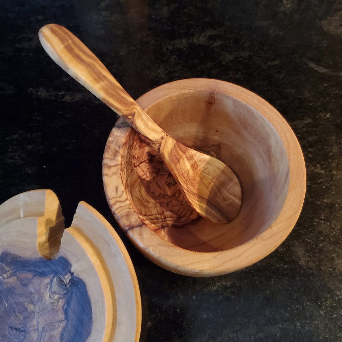 Olive Wood Sugar Pot With Coffee Spoon / Spice Container / Kitchen Storage / Coffee Keeper