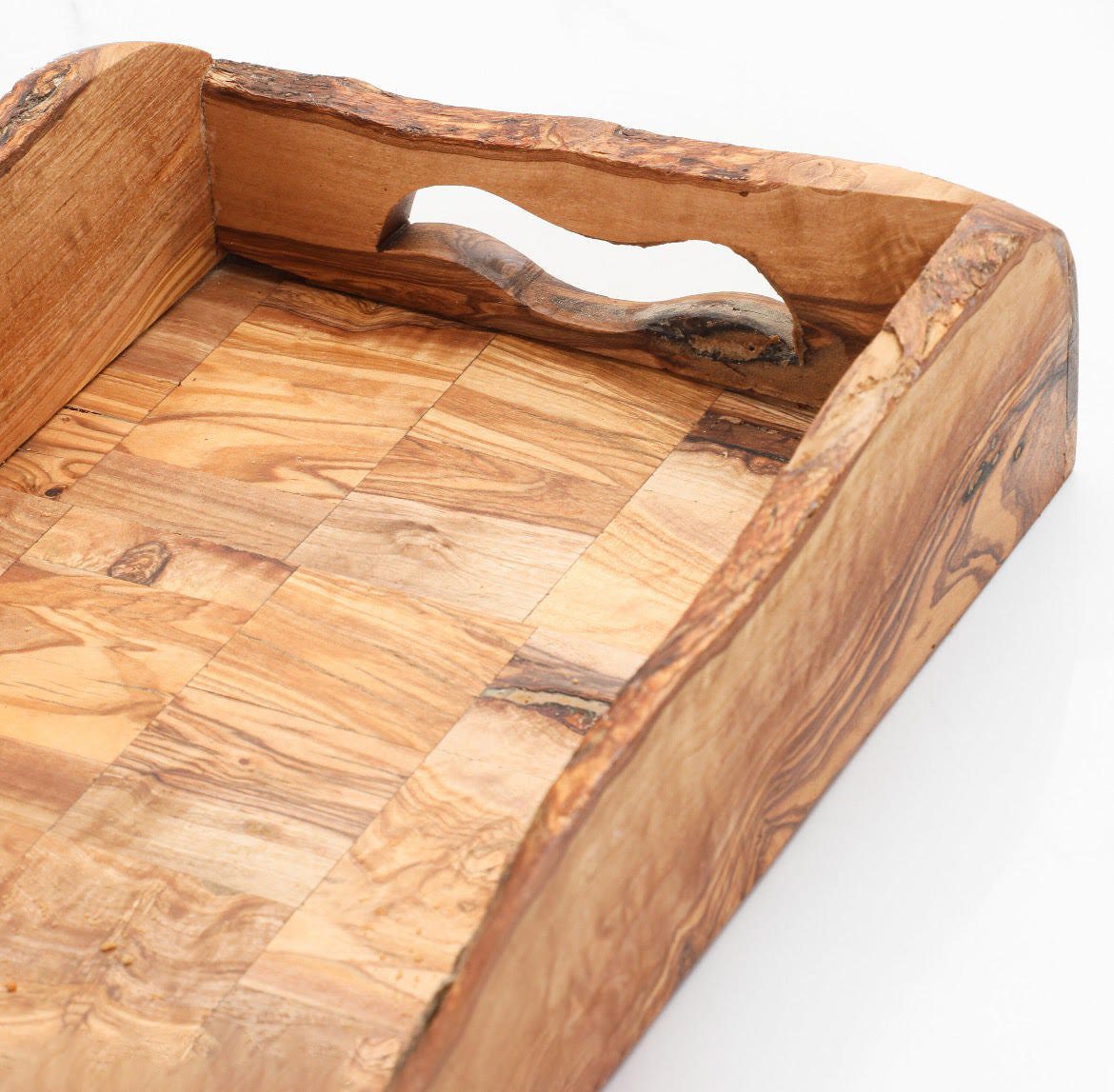 Handcrafted Olive Wood Tray with Handles | Rustic Wooden Serving Tray