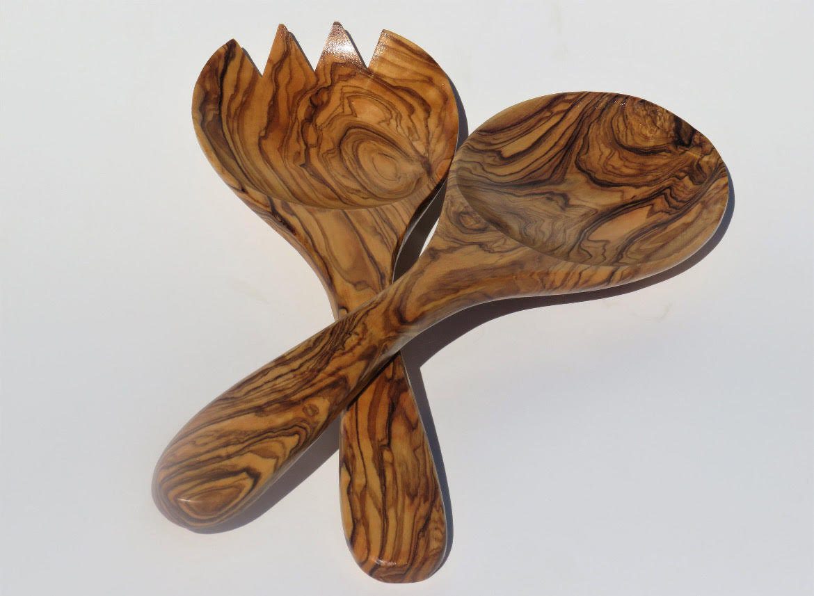 Handcrafted Olive Wood Serving Utensils: Rustic Spoon & Pasta Fork Set