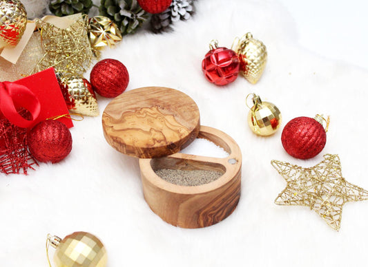 Custom Olive Wood Salt Cellar with Lid - Artisan Salt & Pepper Holder with Dual Sections | Perfect gift for cooks |