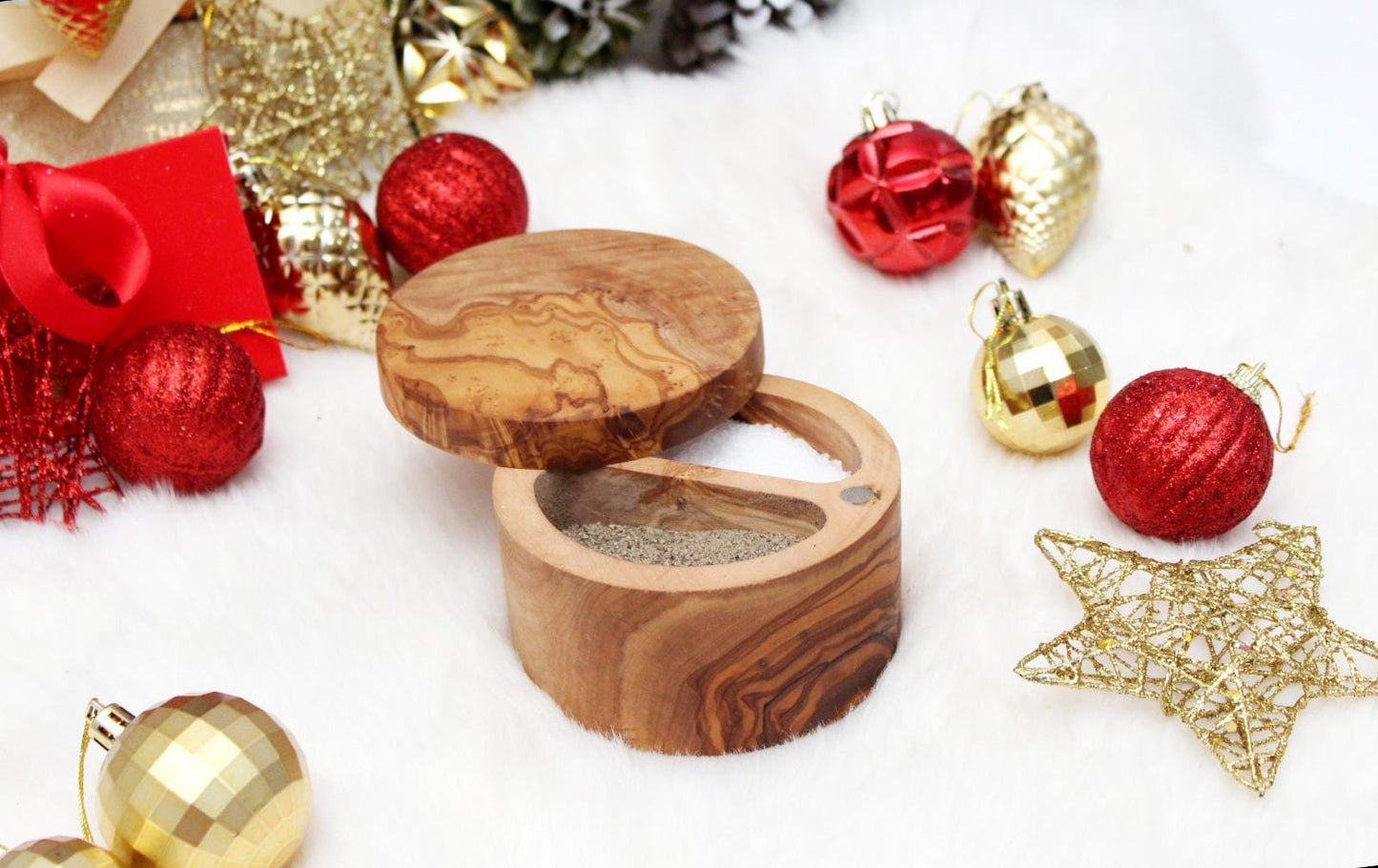 Custom Olive Wood Salt Cellar with Lid - Artisan Salt & Pepper Holder with Dual Sections | Perfect gift for cooks |