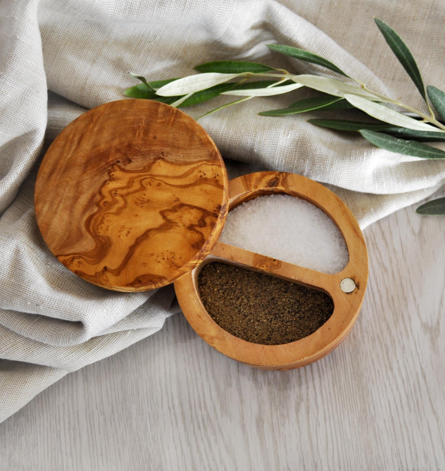 Custom Olive Wood Salt Cellar with Lid - Artisan Salt & Pepper Holder with Dual Sections | Perfect gift for cooks |