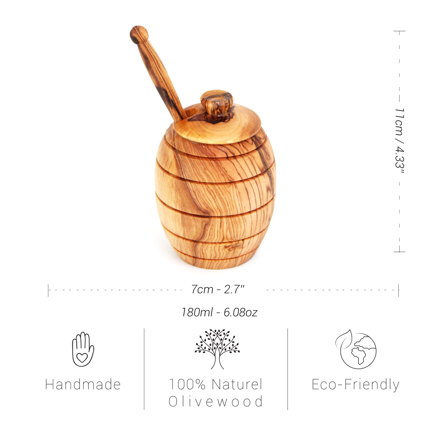 Handmade Olive Wood Honey Jar with Dipper
