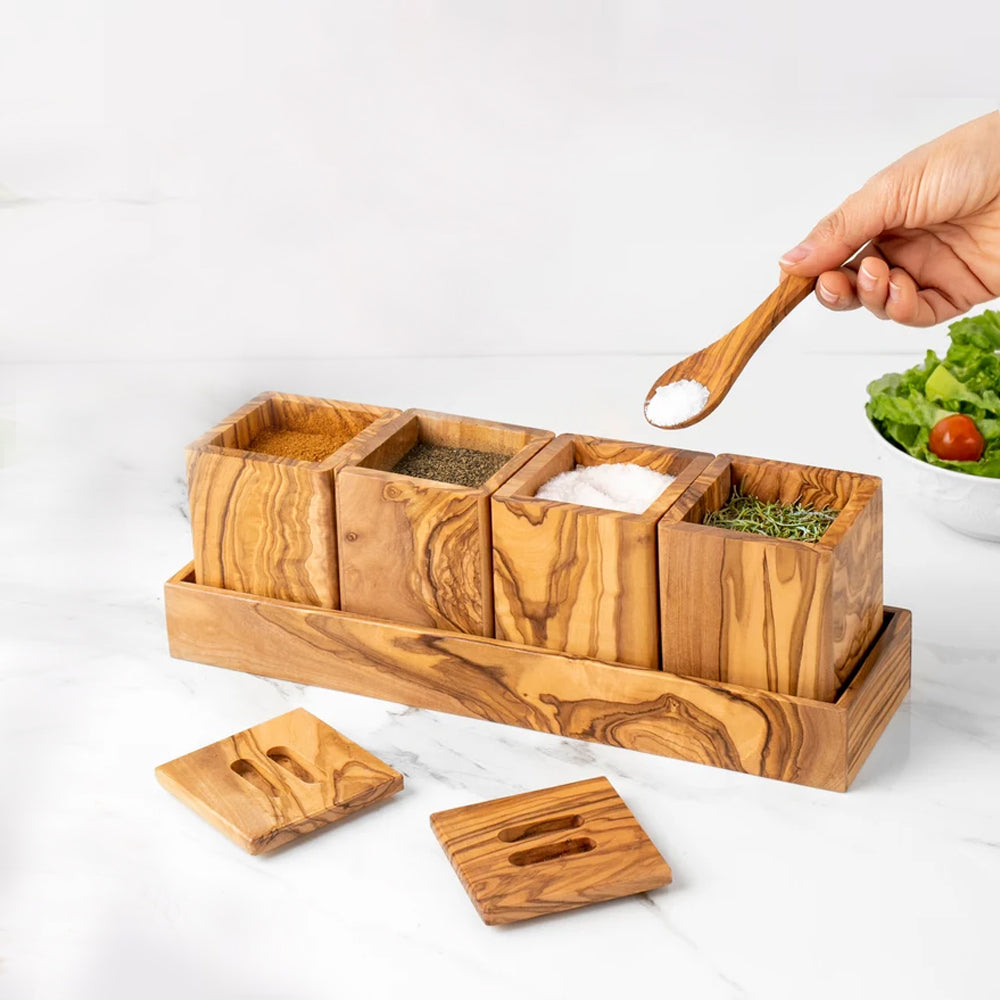 Handmade Olive Wood Spice Box Set of 4