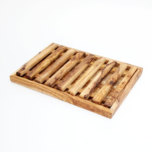 Handmade Olive Wood Rectangle Bread Cutting Board with Crumb Catcher