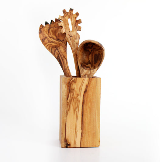 Olive Wood Utensils Holder| Universal Storage for Spoons, Utensils and Steak Knives | Handmade with Genuine Olive Wood| Knife Organizer