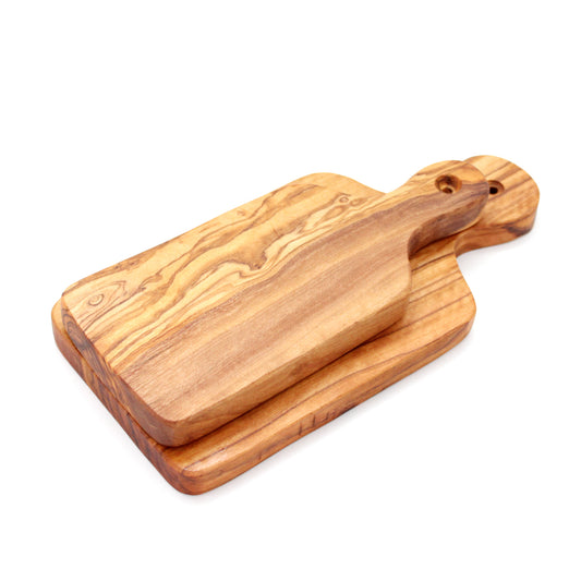 Handmade Olive Wood Rectangle Cutting & Serving Board With Handle – 23cm (9.05”) & 27cm (10.63”)