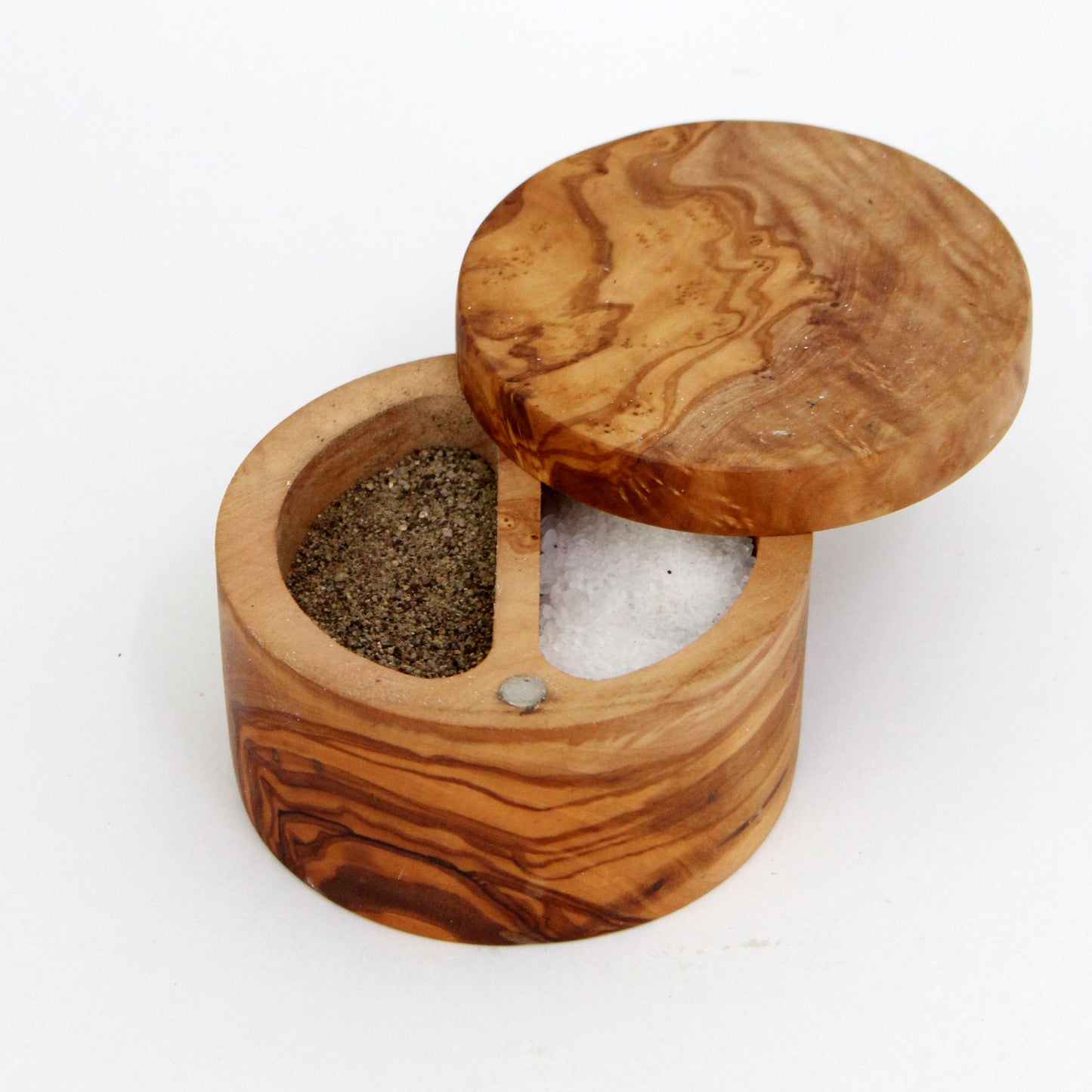 Olive Wood Salt Cellar with Magnetic Lid - Artisan Salt & Pepper Holder with Dual Sections