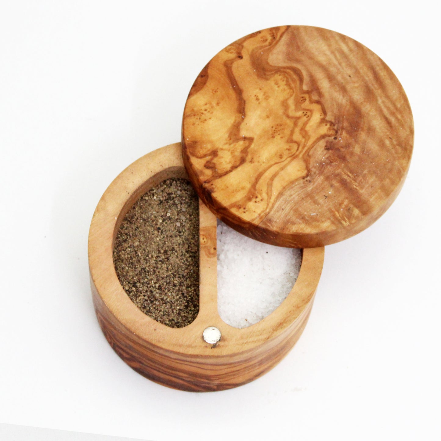 Olive Wood Salt Cellar with Magnetic Lid - Artisan Salt & Pepper Holder with Dual Sections