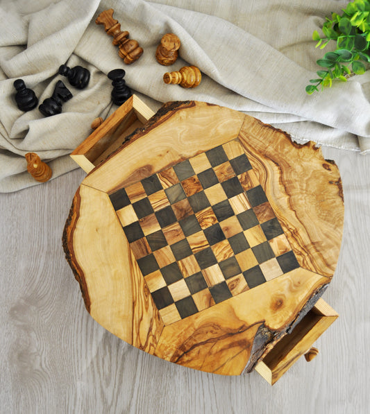 Rustic Olive Wood Chess Set with Drawer | Free Personalization