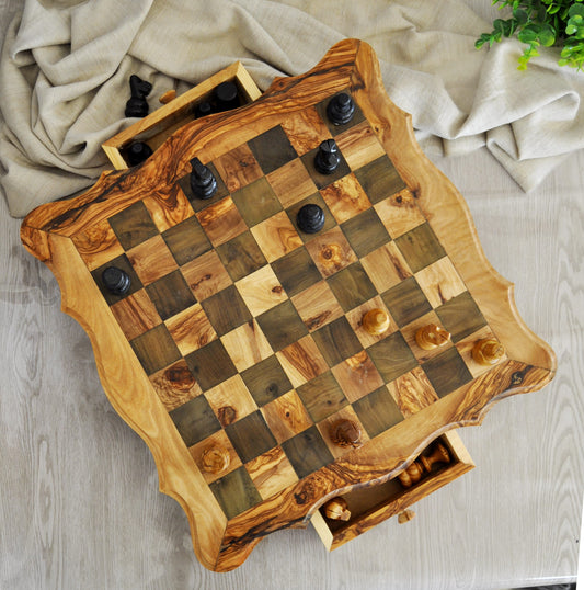 Luxury Olive Wood Chess Board Set with 32 handcrafted pieces. A perfect gift for game lovers and elegant home decor | FREE PERSONALIZATION !