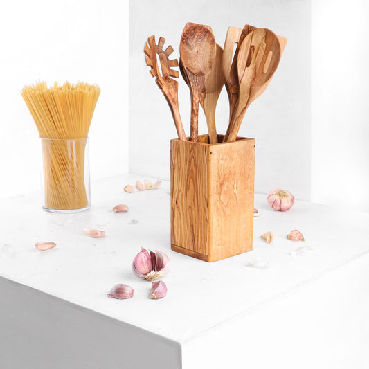 Handmade Olive Wood Utensil Set with Holder – 6 Pieces