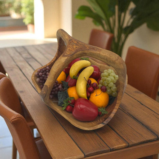 Handcrafted Rustic Olive Wood Fruit Basket with Handle