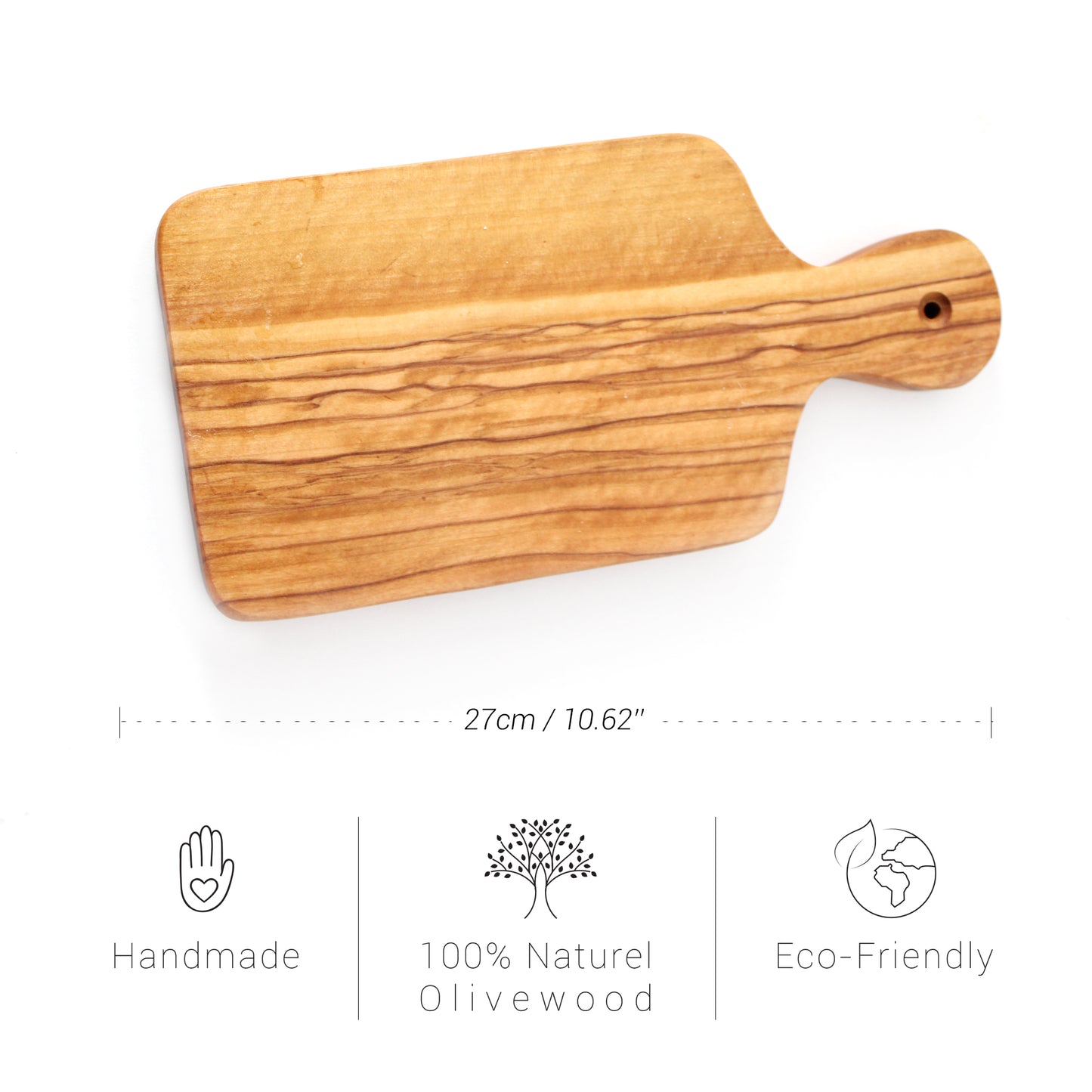 Handmade Olive Wood Rectangle Cutting & Serving Board With Handle – 23cm (9.05”) & 27cm (10.63”)