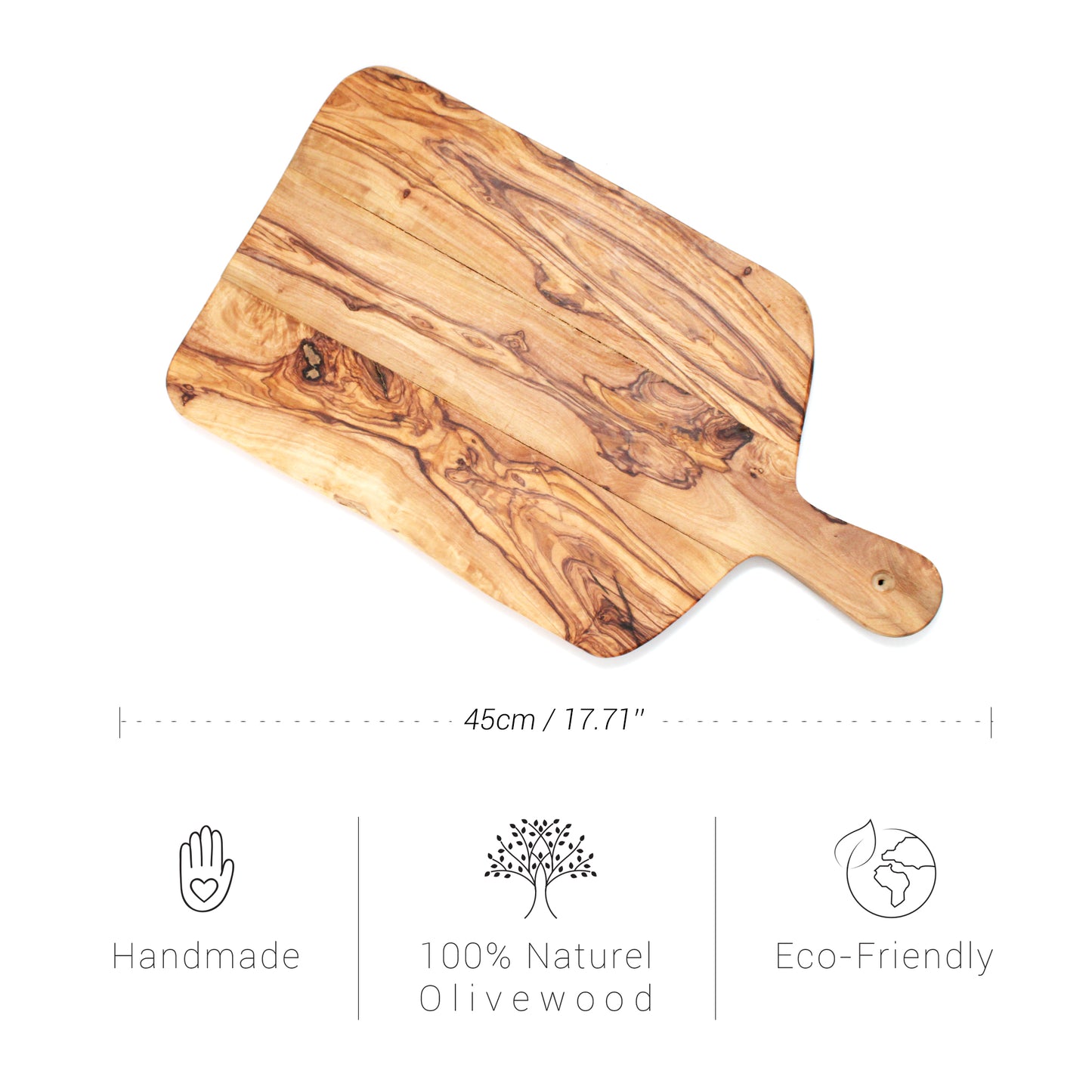 Handmade Olive Wood Rectangle Cutting & Serving Board With Handle – 45cm (17.71”)