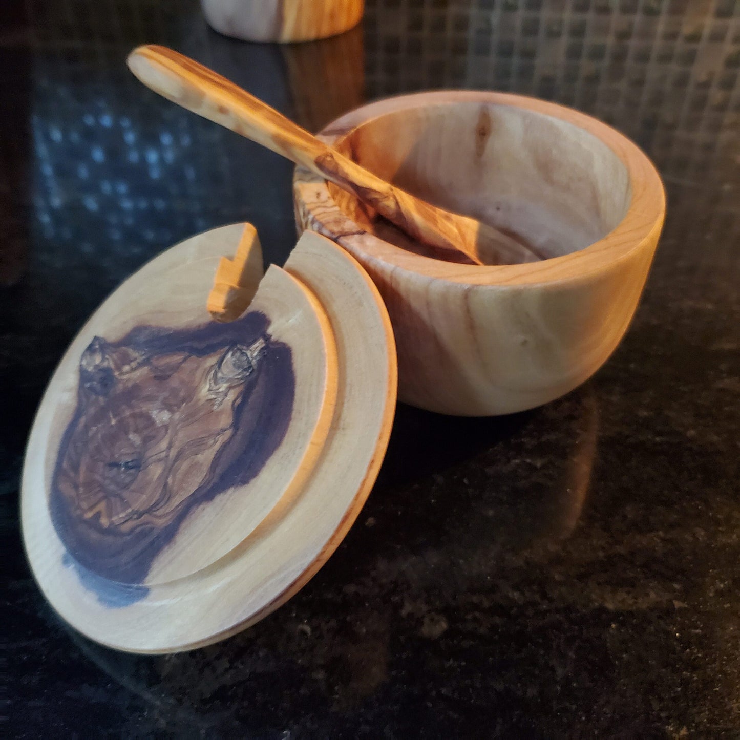 Olive Wood Sugar Pot With Coffee Spoon / Spice Container / Kitchen Storage / Coffee Keeper