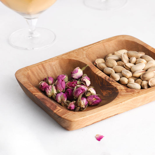 Mediterranean Olive Wood 2 Section Serving Tray, Handmade