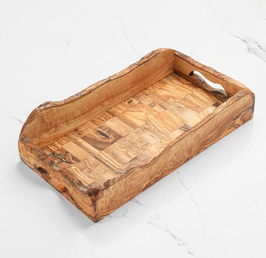 Handcrafted Olive Wood Tray with Handles | Rustic Wooden Serving Tray
