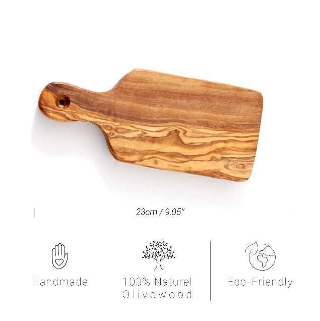 Handmade Olive Wood Rectangle Cutting & Serving Board With Handle – 23cm (9.05”) & 27cm (10.63”)