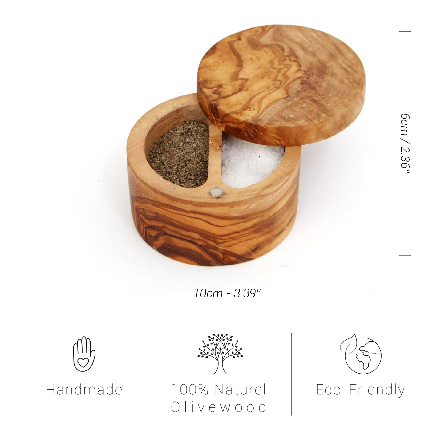 Olive Wood Salt Cellar with Magnetic Lid - Artisan Salt & Pepper Holder with Dual Sections